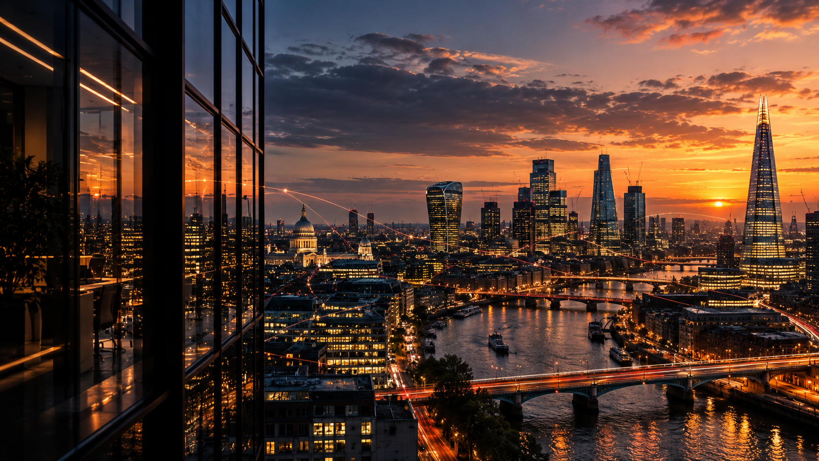 London skyline at golden dusk, seen from a high-rise office